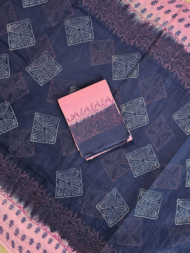 Pure Cotton with Hand Block Prints - Blue with Light Pink