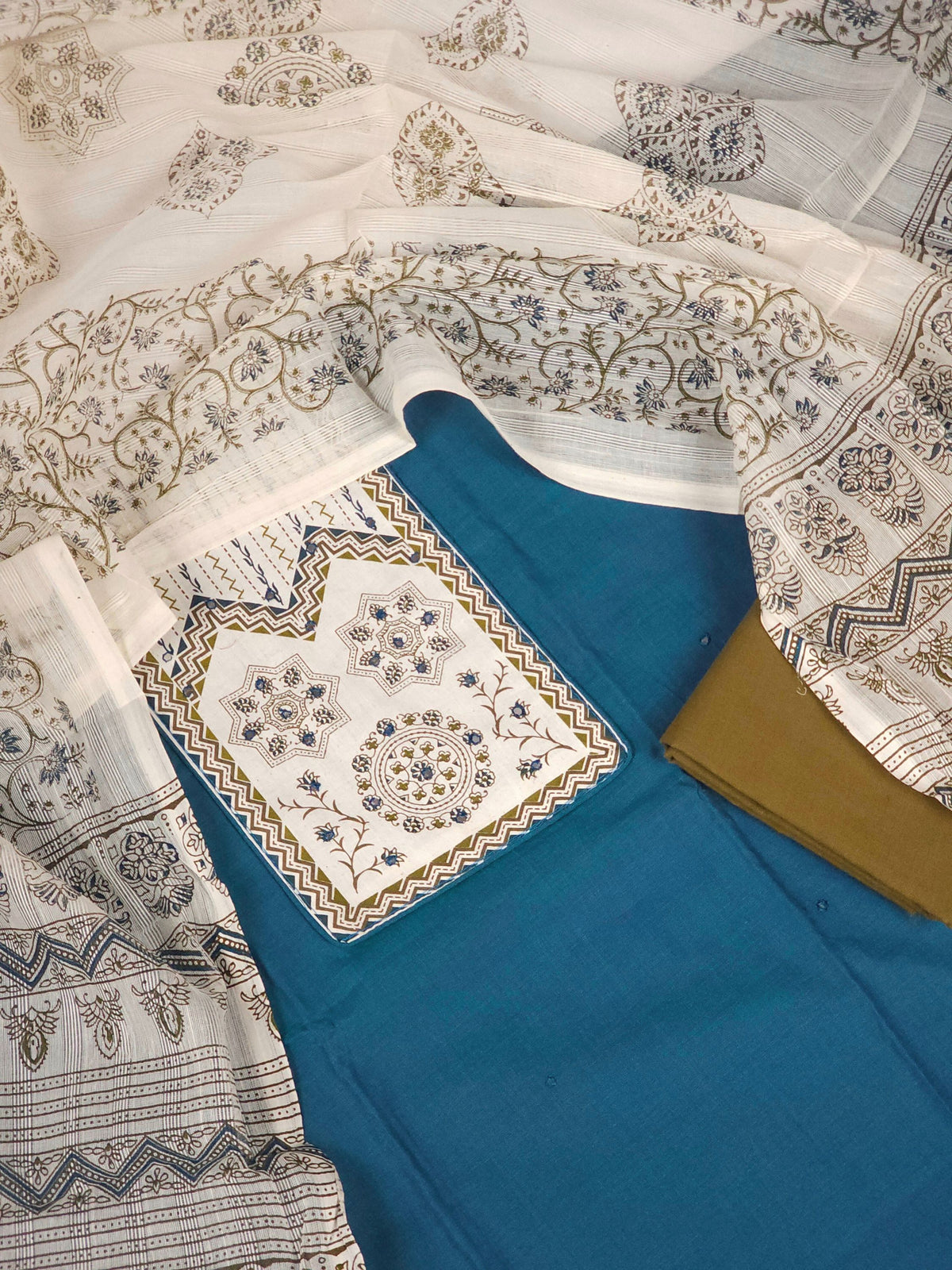 Cotton Unstitched Salwar - Peacock Blue with Mehndi Green