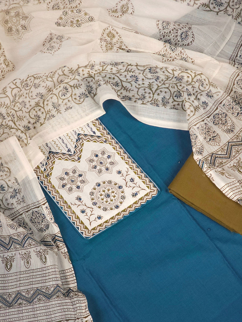 Cotton Unstitched Salwar - Peacock Blue with Mehndi Green