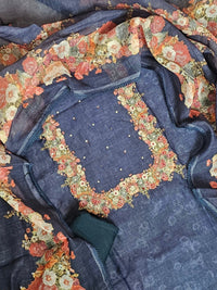 Semi Tussar Digital Prints Unstitched Salwar Suit  - Dark Peacock Blue