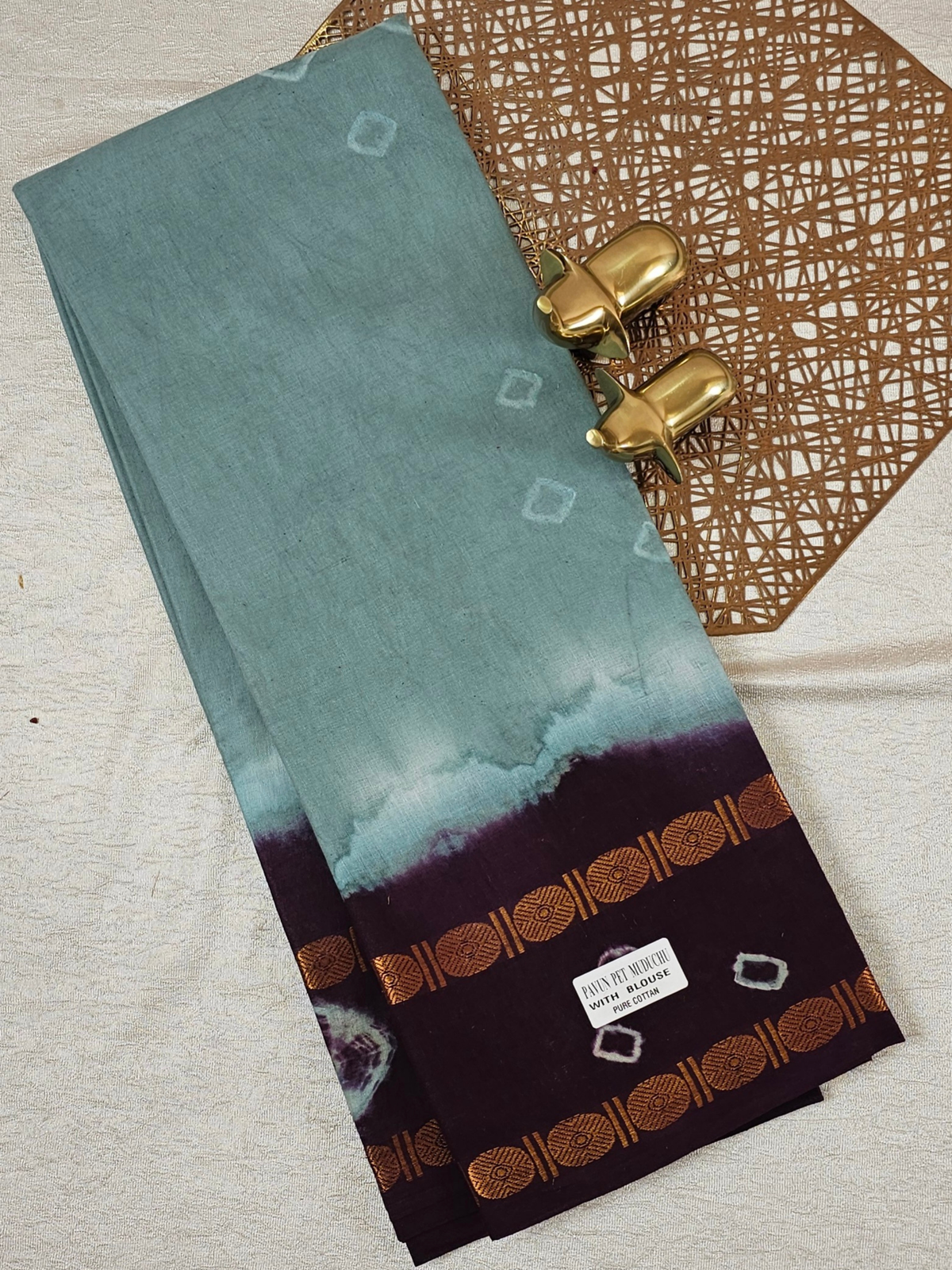 Madurai Sungadi Cotton Saree - Sage Green with Brown