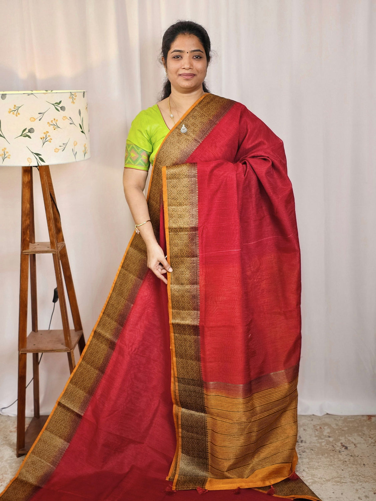 Jute Banarasi Saree - Red with Mustard Yellow