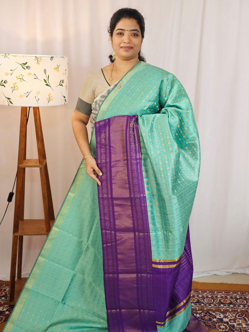 Semi Raw Silk Saree - Teal Green with Purple