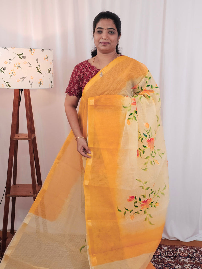 Semi Tussar Kota with Hand Painted Saree - Sandal with Orange