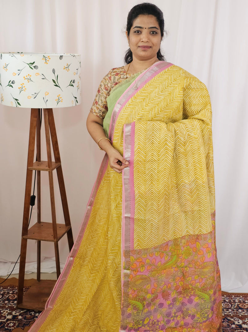 Handwoven Mangalagiri Pattu Saree with Digital Prints  - Yellow with Pink