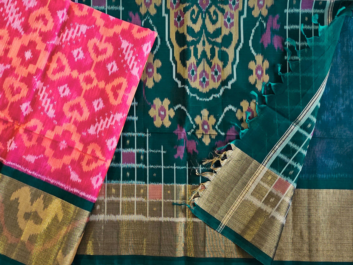 Pink with Peacock Green Pochampally Ikkat Silk Cotton (SICO Pattu)