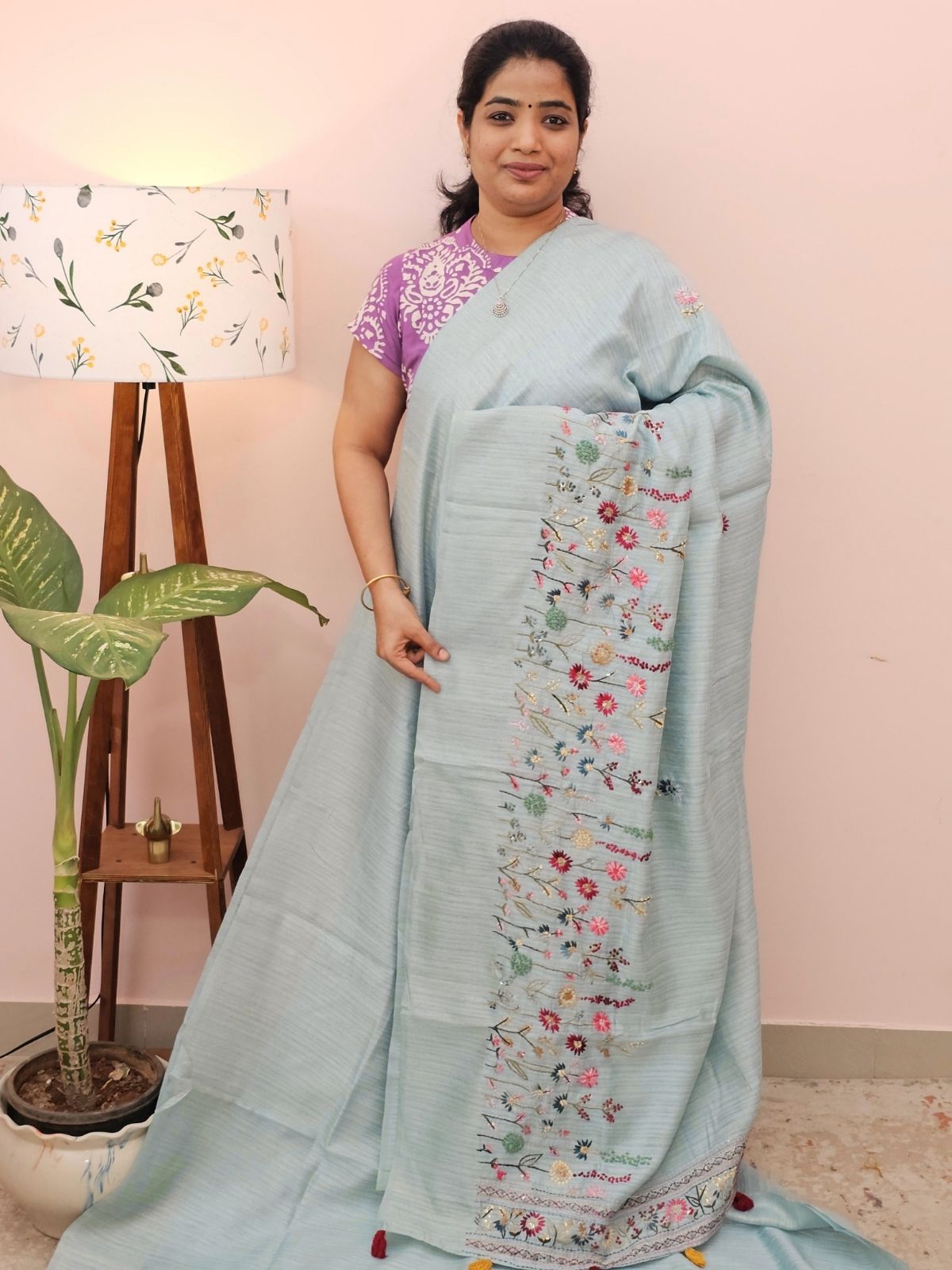 Premium Soft Linen Tissue with Hand Emboridery - Blue