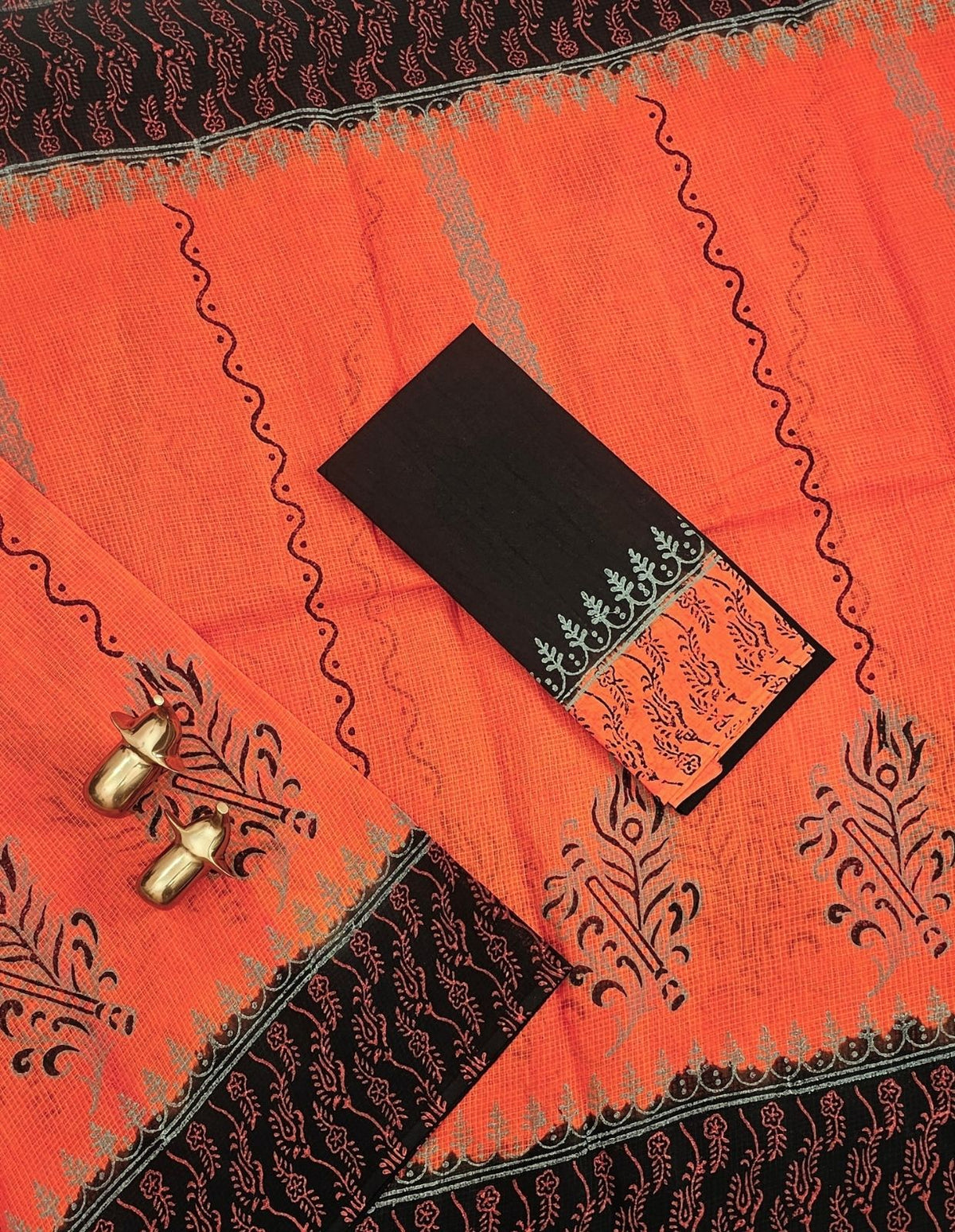 Pure Cotton with Checks Hand Block Prints - Dark Orange with Black