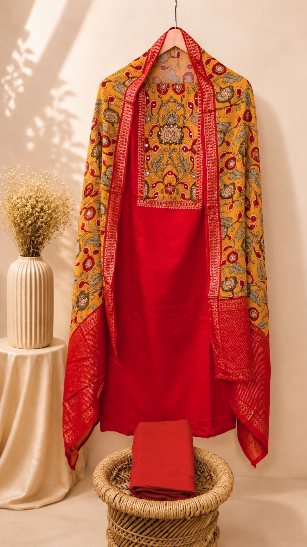 Soft Silk Cotton Unstitched Salwar  – Red with Mango Yellow