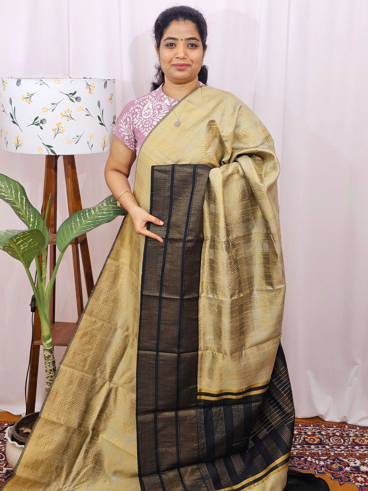 Semi Raw Silk Saree - Beige with Black