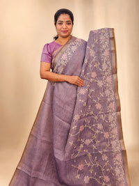 Linen Tissue with Aari Work - Smoky Blue- Lavender