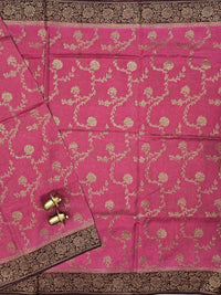Jute Banarasi Silk Saree - Onion Pink with Brown