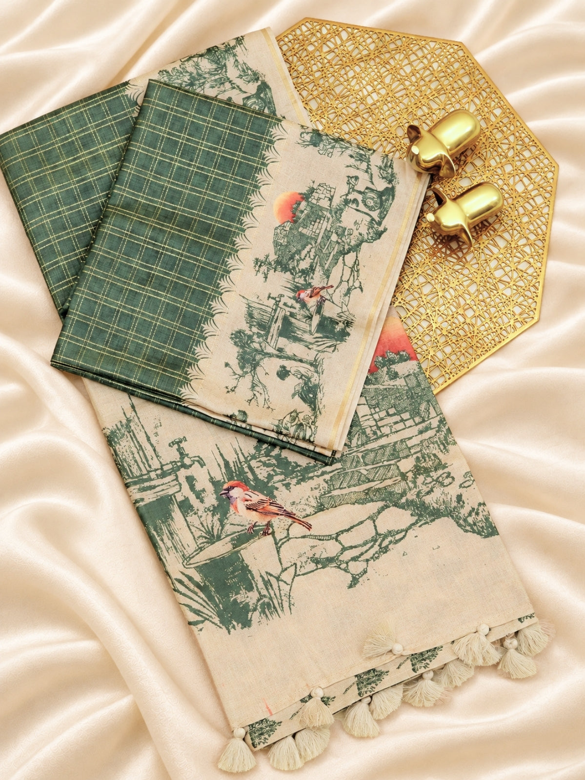 Soft Jute Tussar Checks Weaving with Border - Green