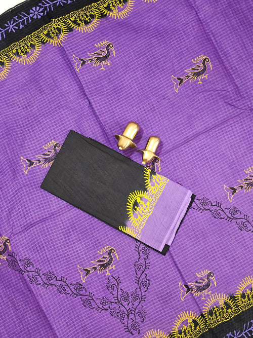 Pure Cotton with Checks Hand Block Prints - Purple with Black