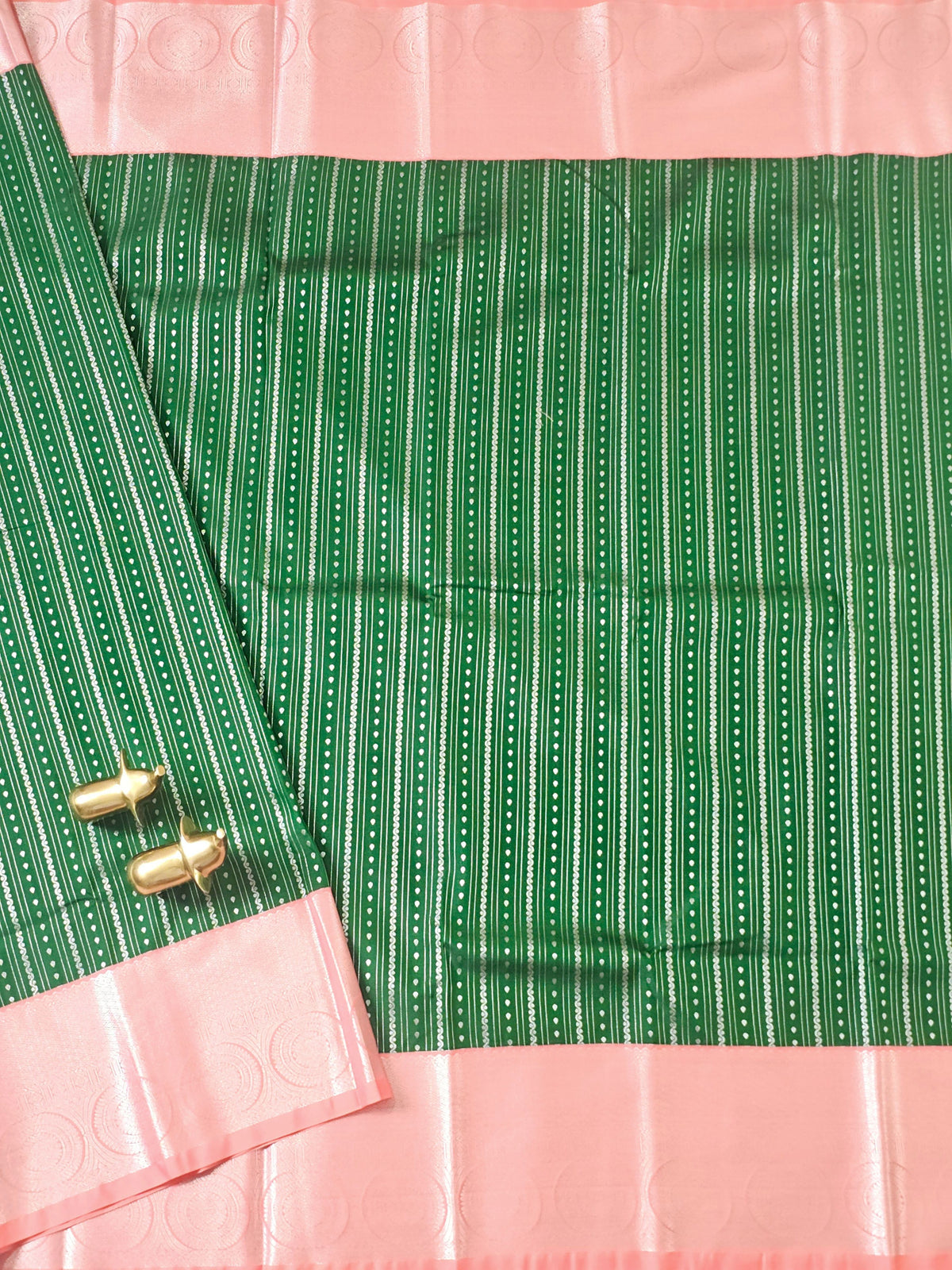 Semi Kanjivaram Soft Silk Borcade Saree - Dark Green with Peach