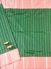 Semi Kanjivaram Soft Silk Borcade Saree - Dark Green with Peach