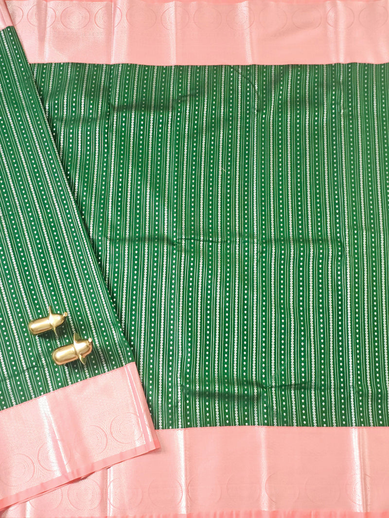 Semi Kanjivaram Soft Silk Borcade Saree - Dark Green with Peach