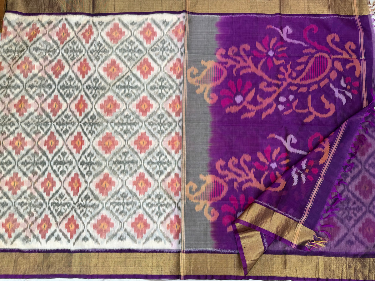 Cream with Purple Pochampally Ikkat Silk Cotton (SICO Pattu)