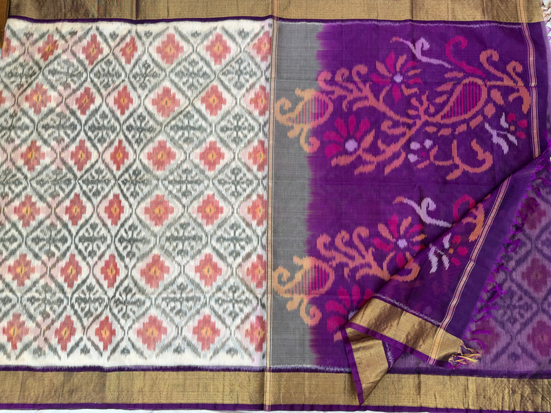 Cream with Purple Pochampally Ikkat Silk Cotton (SICO Pattu)