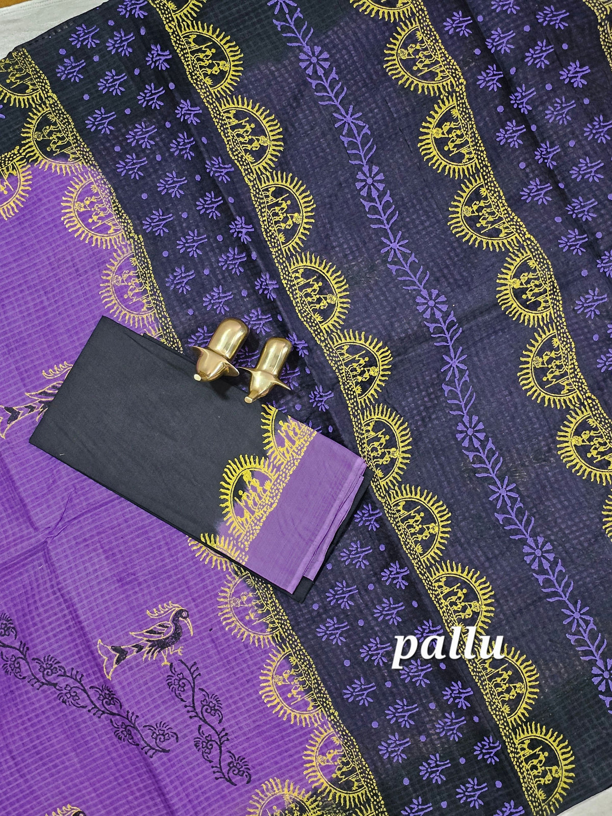 Pure Cotton with Checks Hand Block Prints - Purple with Black