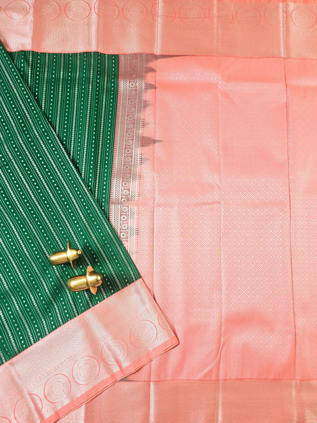 Semi Kanjivaram Soft Silk Borcade Saree - Dark Green with Peach