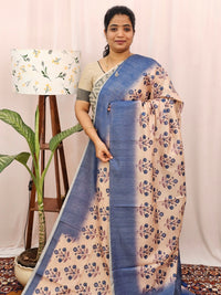 Green Silk with Digital Prints - Cream with Blue