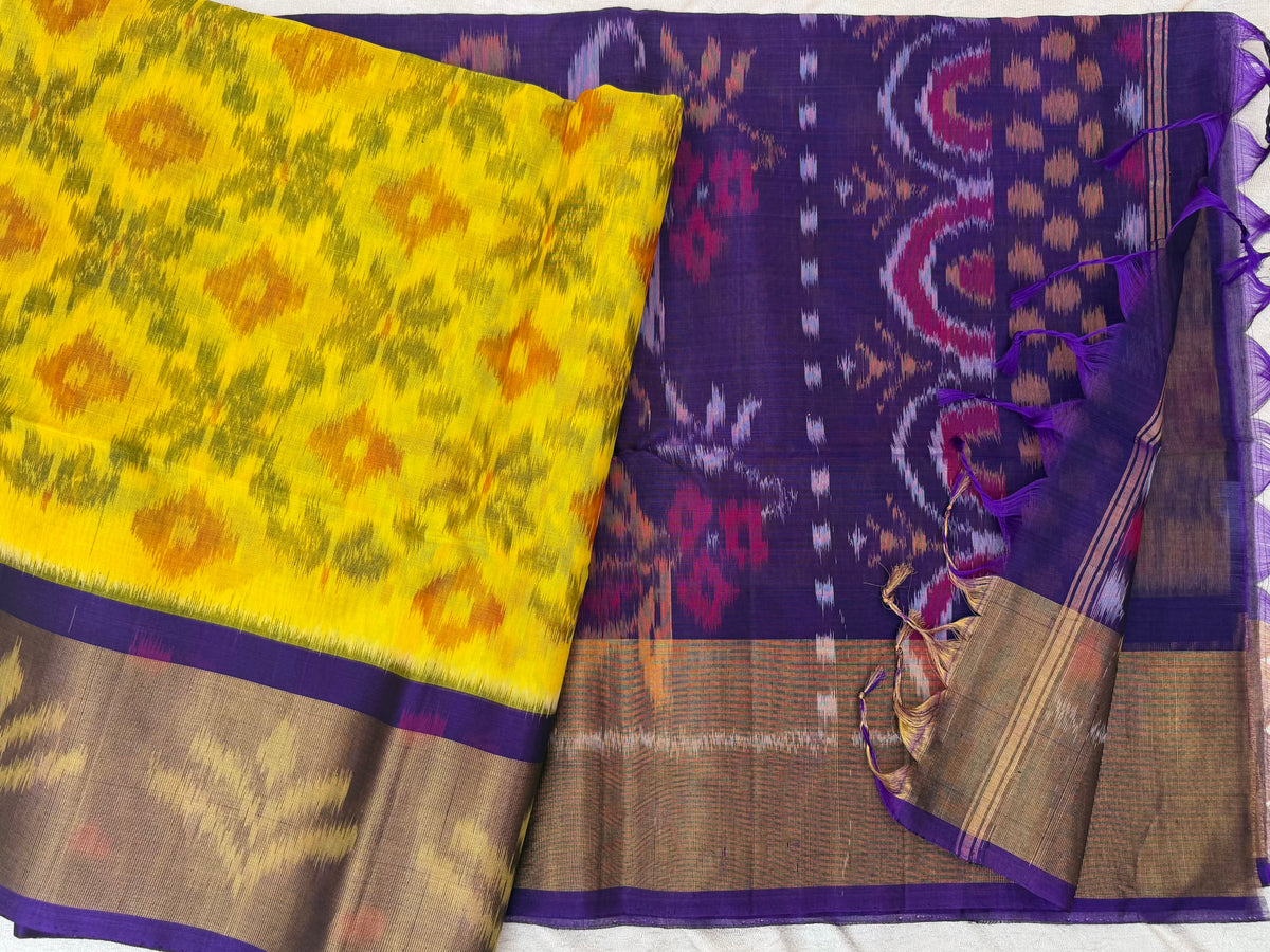 Yellow with Purple Pochampally Ikkat Silk Cotton (SICO Pattu)