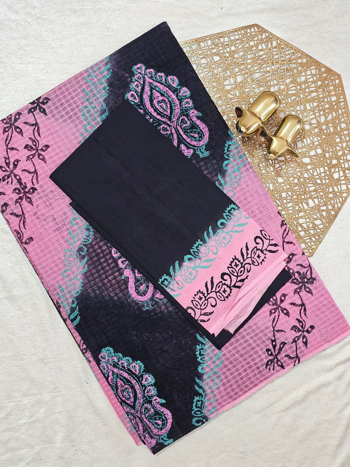 Pure Cotton with Checks Hand Block Prints - Pink with Black