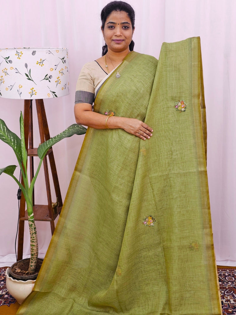 Linen Tissue with Embroidery Work - Green