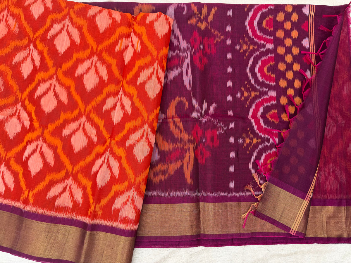 Orange with Magenta Pink Pochampally Ikkat Silk Cotton (SICO Pattu)