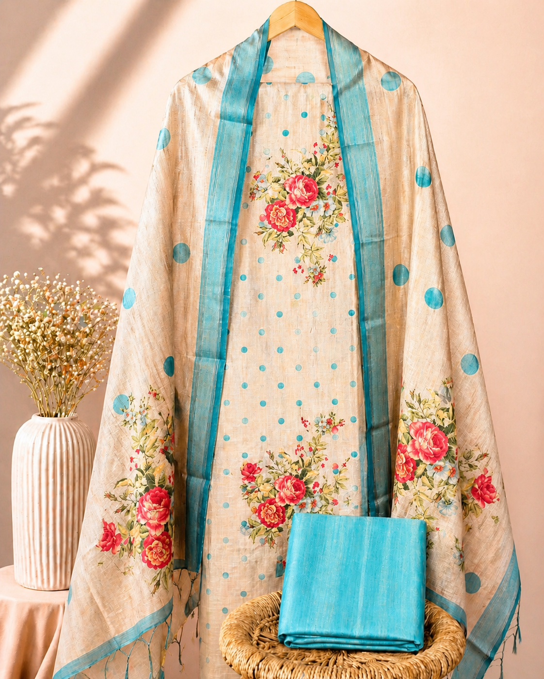 Semi Tussar Floral Polka Digital Prints Unstitched Salwar Set – Blue
