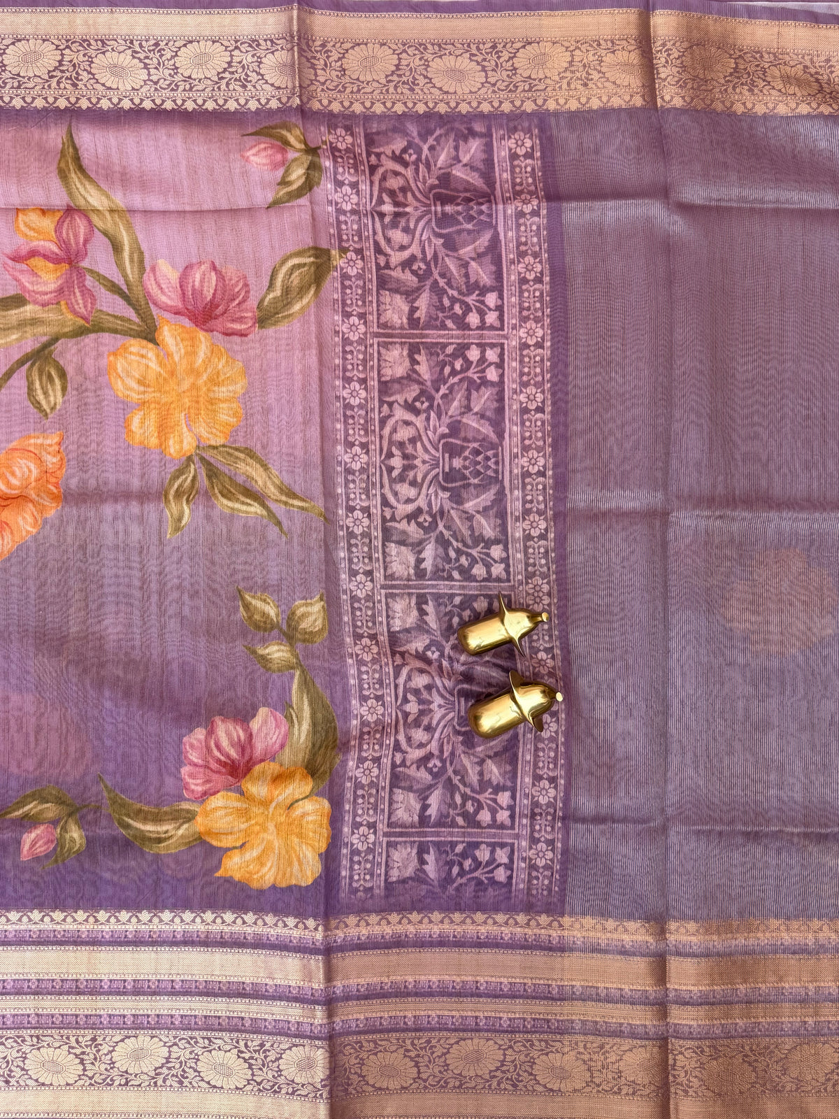 Unique Semi Tussar with Zari Border and Digital Prints - Purple