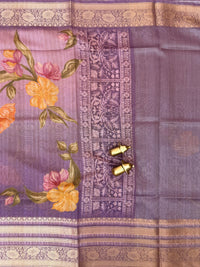 Unique Semi Tussar with Zari Border and Digital Prints - Purple