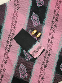 Pure Cotton with Checks Hand Block Prints - Pink with Black