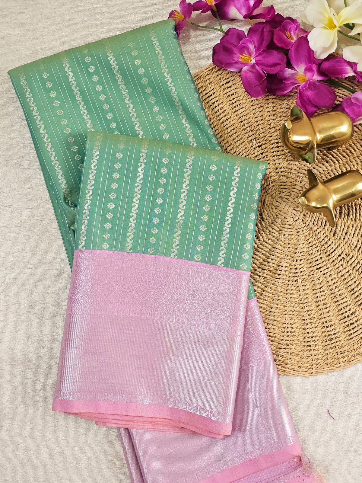 Semi Kanjivaram Soft Silk Borcade Saree - Green with Pink