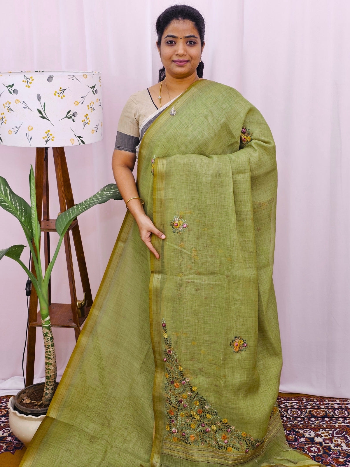 Linen Tissue with Embroidery Work - Green