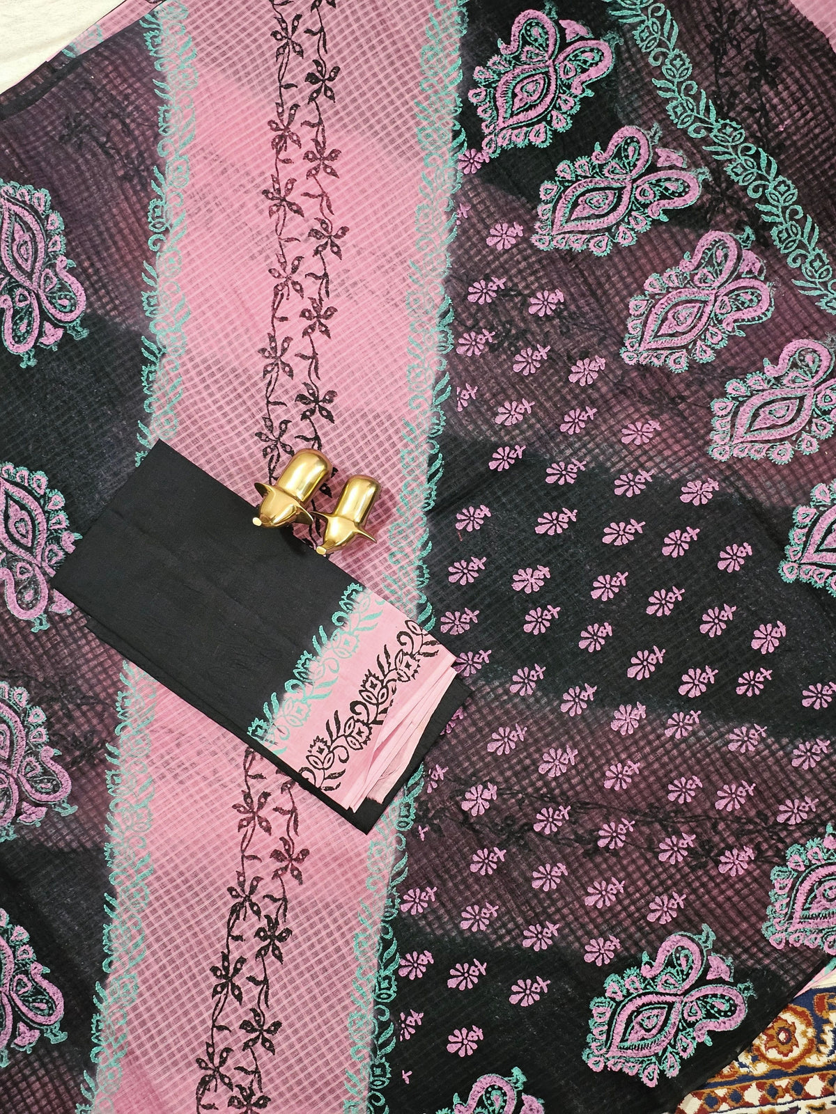 Pure Cotton with Checks Hand Block Prints - Pink with Black