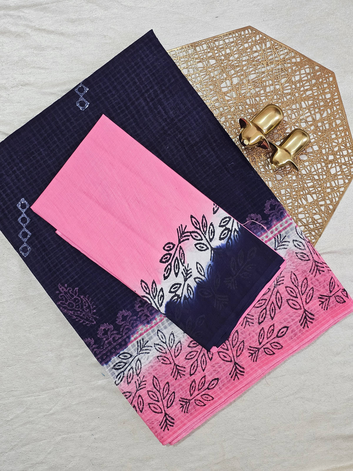 Pure Cotton with Checks Hand Block Prints - Blue with Pink