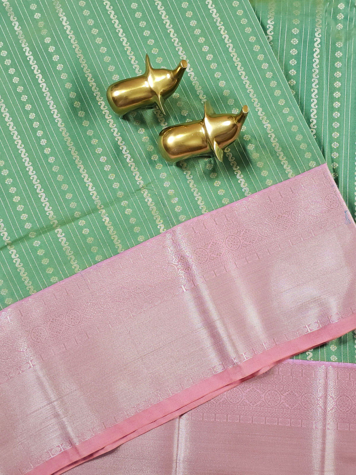 Semi Kanjivaram Soft Silk Borcade Saree - Green with Pink