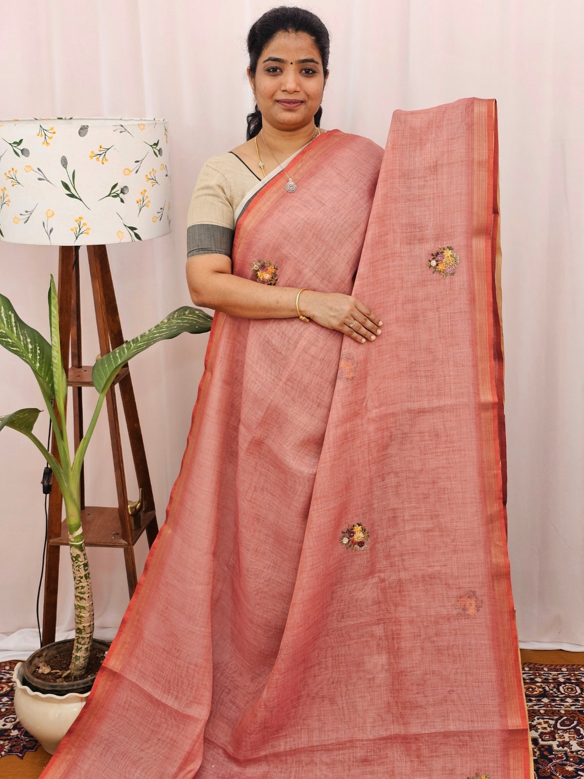 Linen Tissue with Embroidery Work - Dark Peach