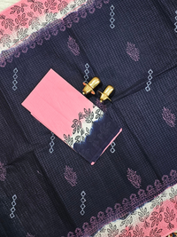 Pure Cotton with Checks Hand Block Prints - Blue with Pink