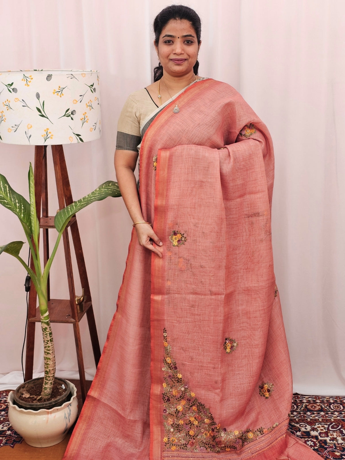 Linen Tissue with Embroidery Work - Dark Peach