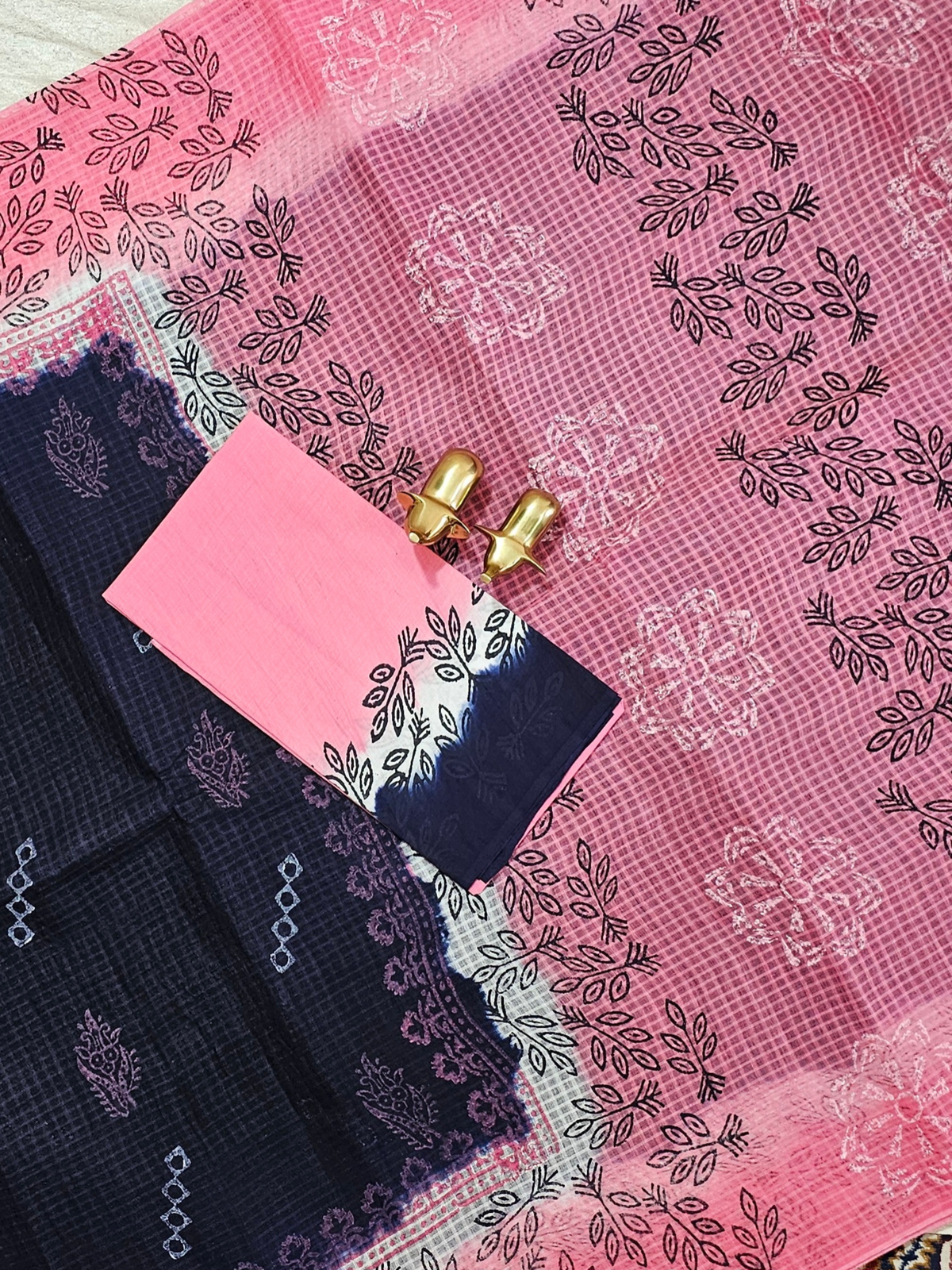Pure Cotton with Checks Hand Block Prints - Blue with Pink