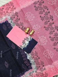 Pure Cotton with Checks Hand Block Prints - Blue with Pink