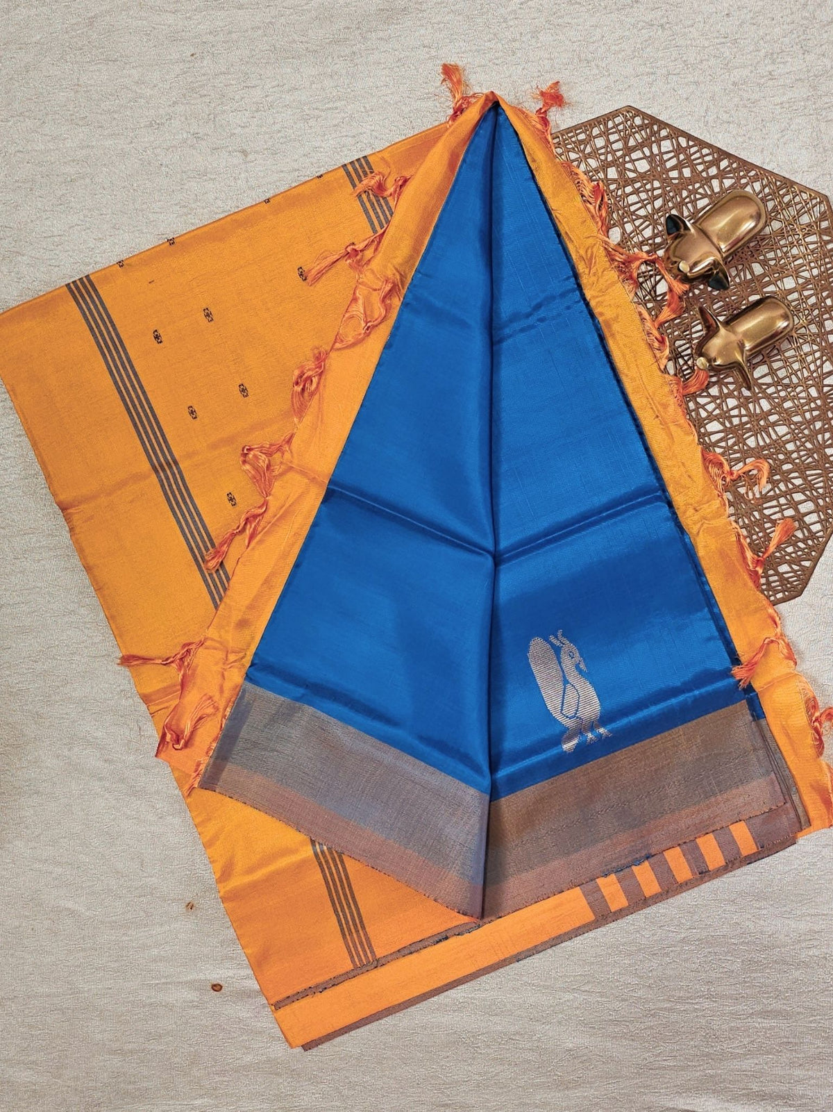 Peacock Blue with Yellow Chinnalampattu Saree with Blouse
