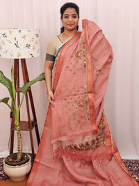 Linen Tissue with Embroidery Work - Dark Peach