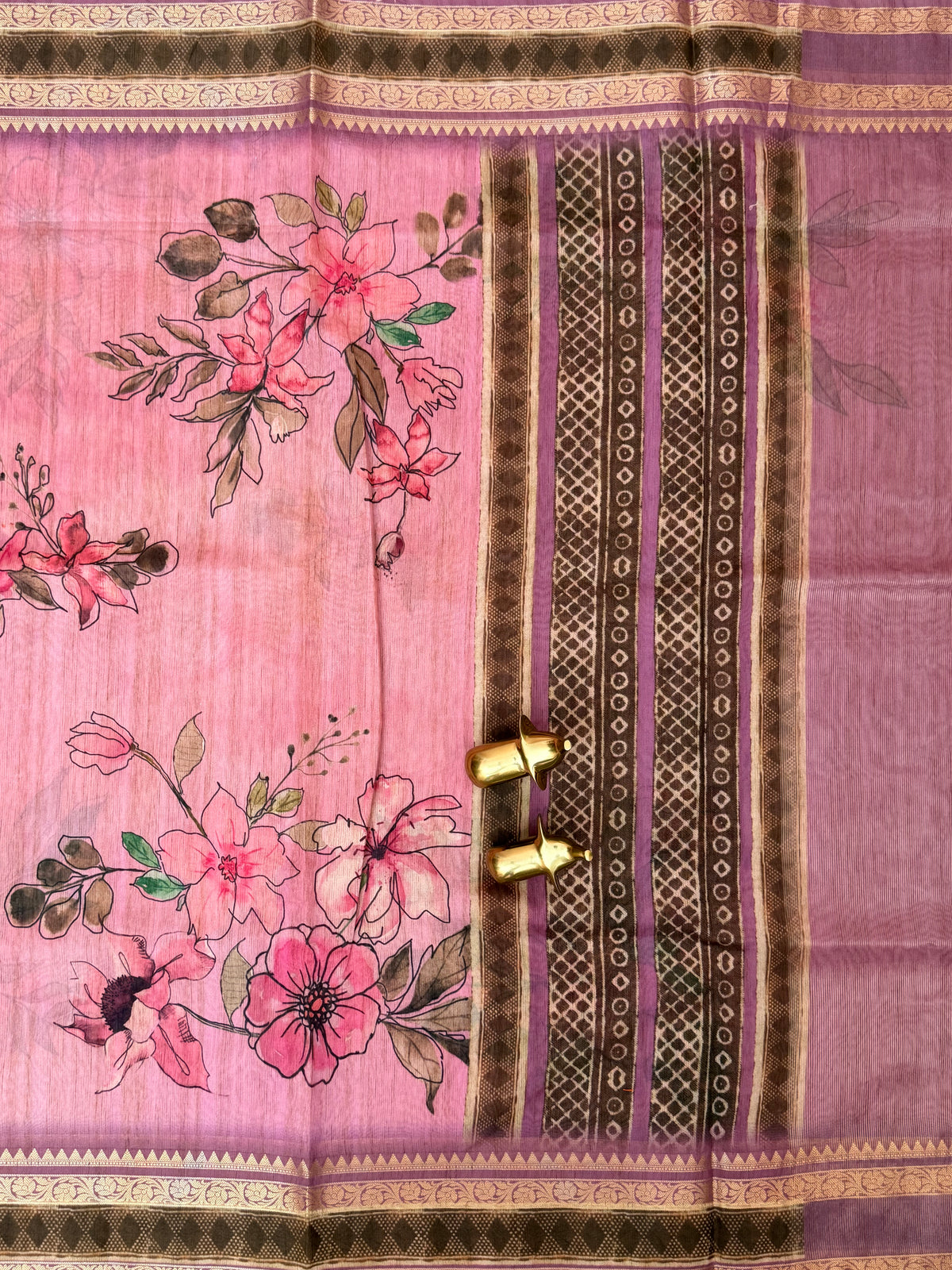 Unique Semi Tussar with Zari Border and Digital Prints - Pink