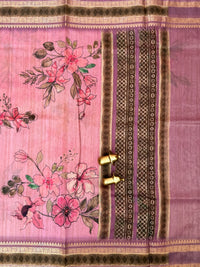 Unique Semi Tussar with Zari Border and Digital Prints - Pink