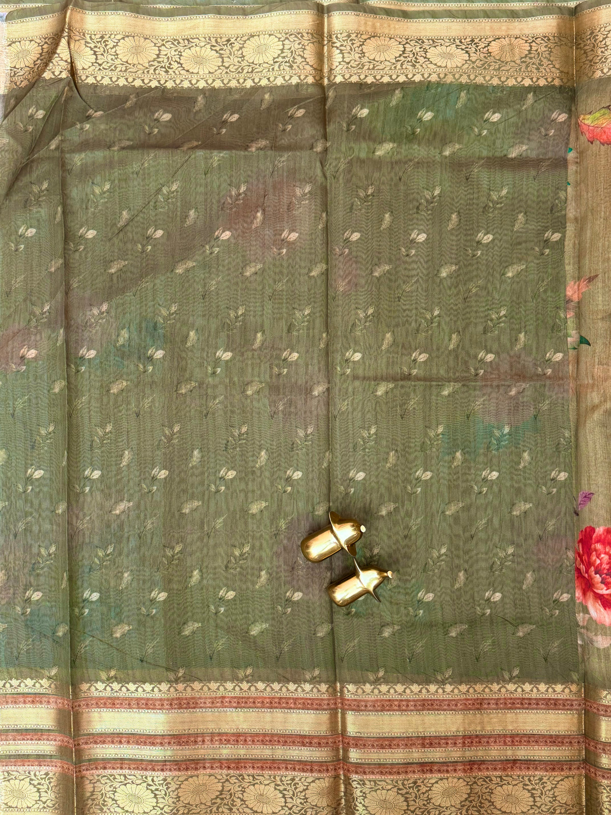 Unique Semi Tussar with Zari Border and Digital Prints - Green