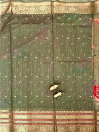 Unique Semi Tussar with Zari Border and Digital Prints - Green